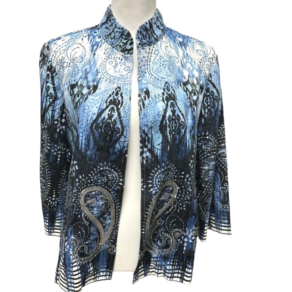 Chico's Paisley Print Open Front Jacket with Sequin Accents Size M Career Linen